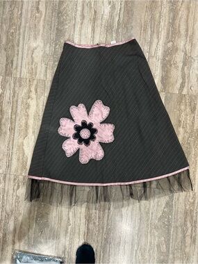 Miss Me Grey Pinstripe Midi Skirt with Pink Floral Applique size large